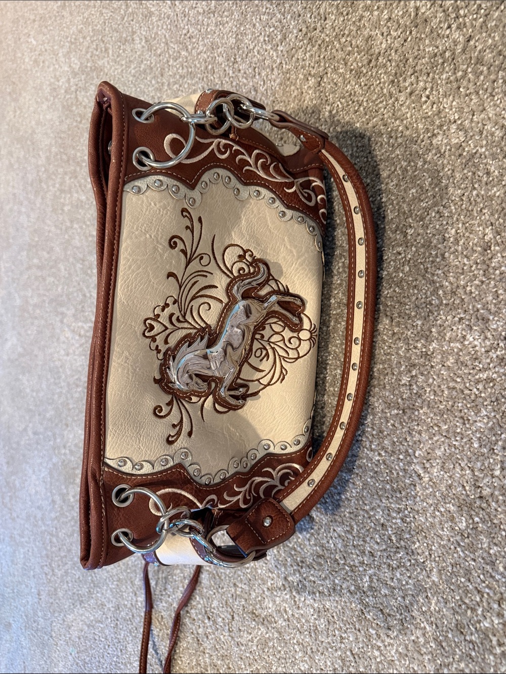Western Embroidered Horse Purse/ Satchel Set- Brown & Cream